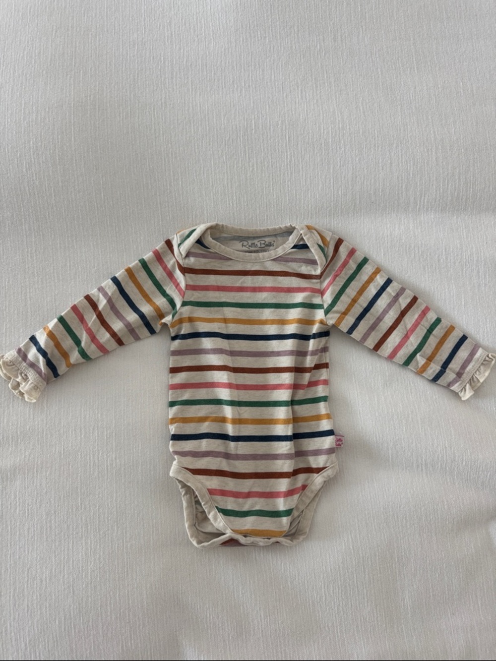 Ruffle Butts Cream Striped Long-Sleeve One-Piece with Rainbow Stripes